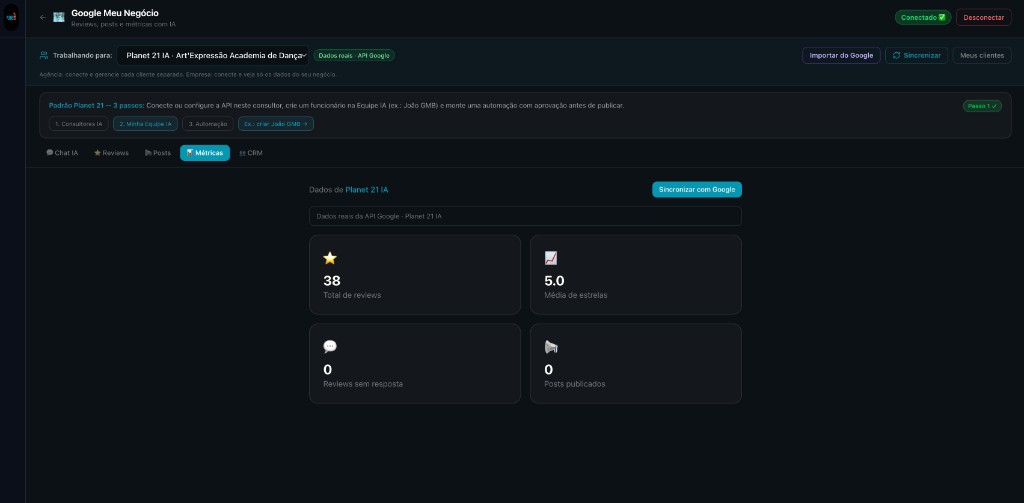 Agente GMB — métricas e reviews com dados reais da API Google